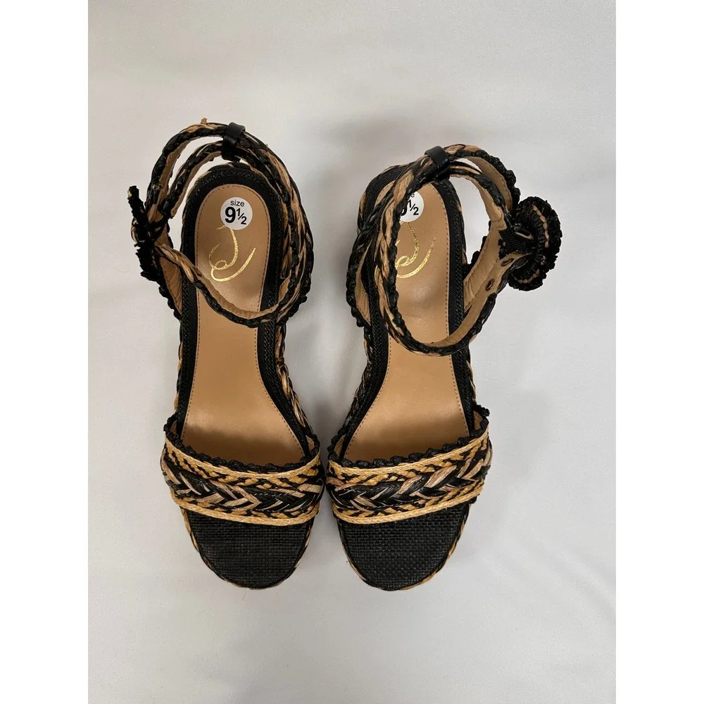 Sam Edelman Iliana Raffia‎ Platform Sandals 9.5 Black Natural Woven Ankle Strap